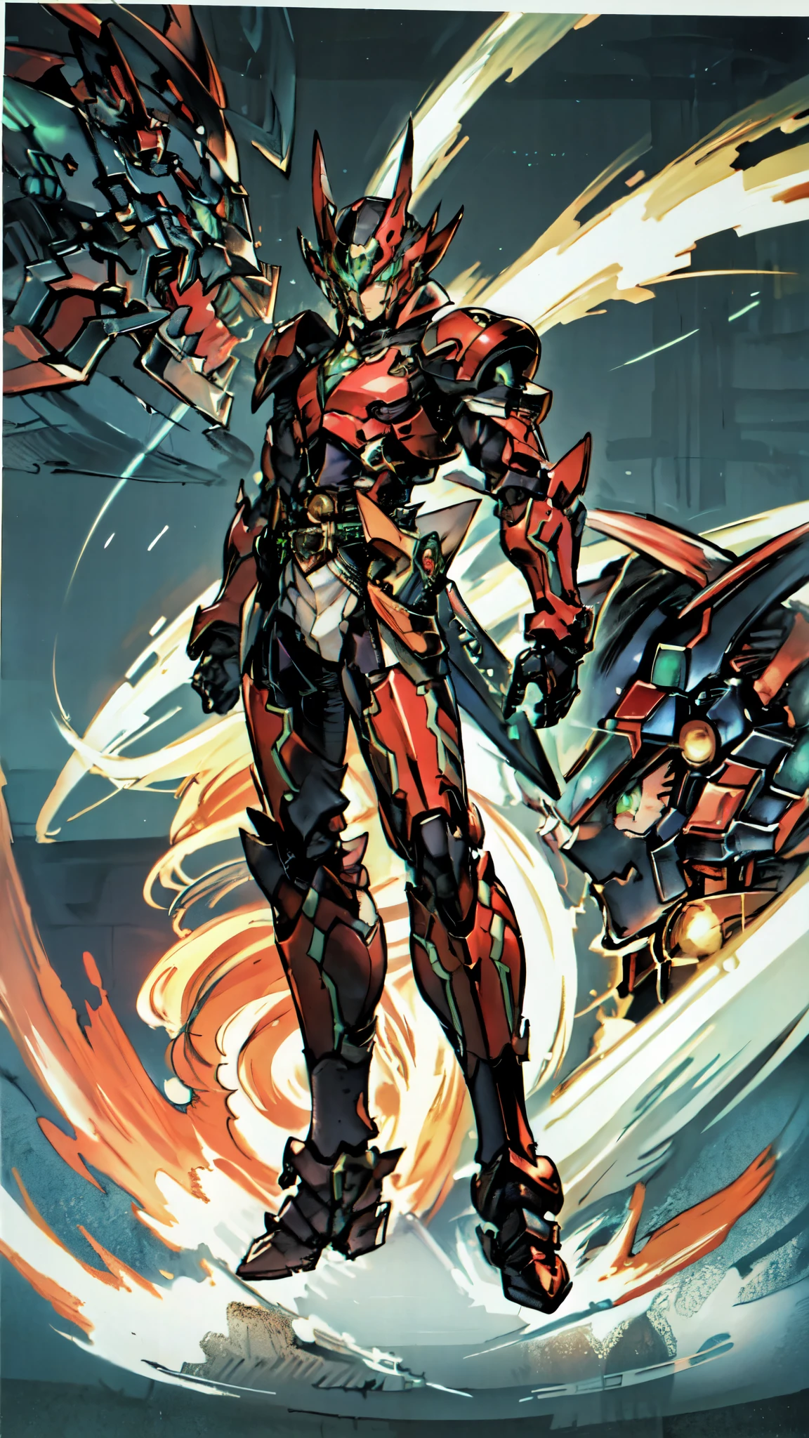 (masterpiece:1.5, best quality:1.5, extremely delicate:1.5), a man wearing a full-face helmet, a fantasy-style biotech armored combat suit, green eyes, (a composite layered chest armor), fully enclosed shoulder guards, matching arm and leg guards, belt of Neon circuit, (the color scheme is primarily black with green and red accents), the design balances heavy with agility, a high-tech bio-mecha armor, (Armor Concept Inspired by Kamen Rider, stand on the top of a skyscraper in a futuristic sci-fi city), this character embodies a finely crafted fantasy-surreal style armored hero in anime style, exquisite and mature manga art style, (element, plasma, energy, the armor glows), ((male:1.5)), metallic, high definition, highres, ultra-detailed, ultra-fine painting, professional, perfect body proportions, golden ratio, anatomically correct, symmetrical face, extremely detailed eyes and face, high quality eyes, creativity, RAW photo, UHD, 32k, Natural light, cinematic lighting, masterpiece-anatomy-perfect