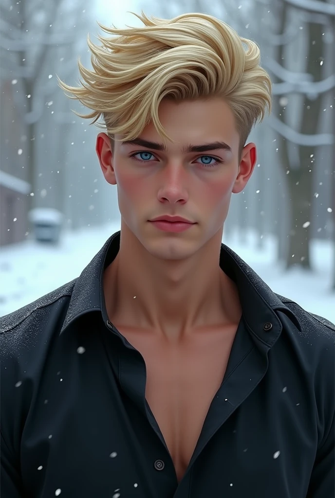Blond man, 18 years old, cocky, muscular, English man, shirt blond hair, very popular, sexy, footballer, rich, Greek nose, English man, big muscular arms and legs, wears a black shirt, shorter hair like English boys, very pale, blue eyes, very adventurous, popular, cold, ager, England so pale skin. Realistic, very white, fair cold, skin, short hair on the sides and messy a short bit on top