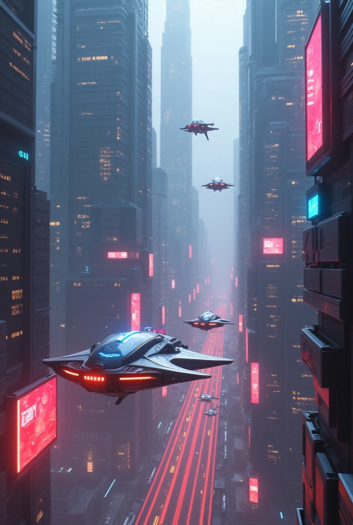 ultra-detailed, 4k, 8k, highres, masterpiece, professional, vivid colors, bokeh, digital art, cinematic lighting, 3D render, cinematic composition, sci-fi, futuristic cityscape, neon lights, flying cars, skyscrapers, advanced technology, dystopian atmosphere, dramatic shadows, glowing screens, holographic displays