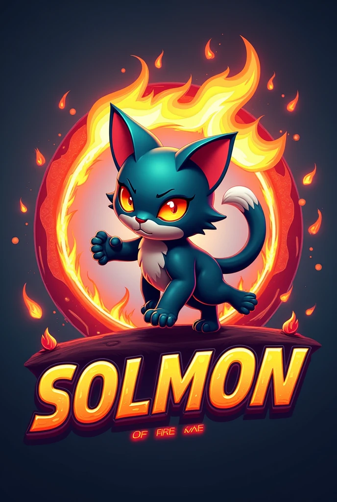 Design a circular logo for 'SOLMON - Solana Monsters,' focusing on a 3D stylized cat creature, 'Ignis,' embodying the fire element. The logo should capture the sleek, modern aesthetic of the SOLMON universe, with the cat character prominently featured at the center.

Main Character Focus: The cat character, should be depicted in a dynamic, attacking pose, with flames subtly integrated into its design. Render the character in a 3D stylized manner, using a vibrant color palette inspired by the Solana theme, including shades of blue, green, and purple, with glowing red and orange accents to emphasize its fiery nature. The character should exude both power and cuteness, with smooth curves and bold details.

Elemental Background: Surround the cat character with a circular border that incorporates fire-themed elements, such as embers, sparks, and glowing lava textures. The background should subtly reflect the heat and energy of the fire element, using a mix of Solana-themed colors with warm gradients to create a cohesive and visually striking design.

Typography and Details: The text 'SOLMON' should be prominently displayed within the circular design, using bold, rounded typography that feels both modern and adventurous. Integrate small, subtle details like digital sparks, flames, or glowing accents around the text to enhance the otherworldly, magical vibe. The overall design should be clean, balanced, and visually impactful, making it easily recognizable and suitable for branding purposes.