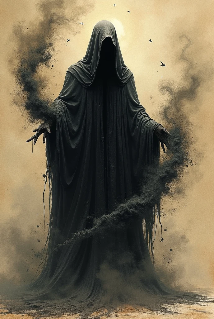 A sinister supernatural entity depicted in the style of a detailed bestiary illustration, ths entity is the manifestation of the hate sand-like aura that swirls menacingly. The entity is cloaked in dark, ethereal robes that blend seamlessly with the shadows. Its overall appearance is otherworldly and unsettling, with an aura of dark mysticism. The illustration should emphasize its arcane and malevolent nature, showcasing the creature with intricate details typical of bestiary art, capturing its ancient and fearsome presence. Bestiary simple sketch, antique art, in bestiary book