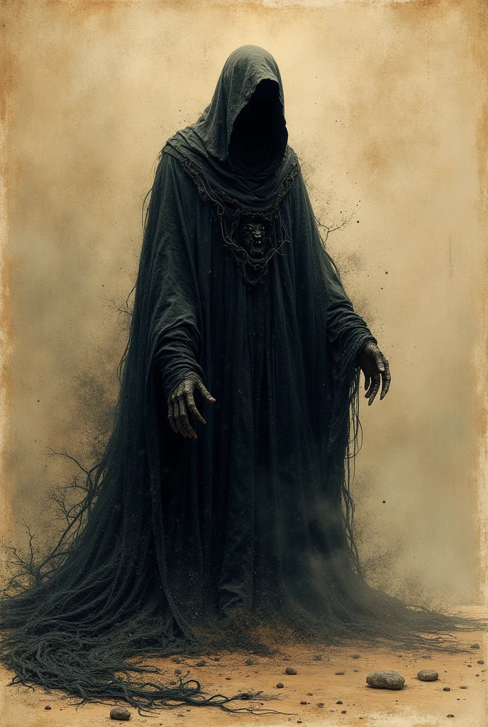 A sinister supernatural entity depicted in the style of a detailed bestiary illustration, ths entity is the manifestation of the hate sand-like aura that swirls menacingly. The entity is cloaked in dark, ethereal robes that blend seamlessly with the shadows. Its overall appearance is otherworldly and unsettling, with an aura of dark mysticism. The illustration should emphasize its arcane and malevolent nature, showcasing the creature with intricate details typical of bestiary art, capturing its ancient and fearsome presence. Bestiary simple sketch, antique art, in bestiary book