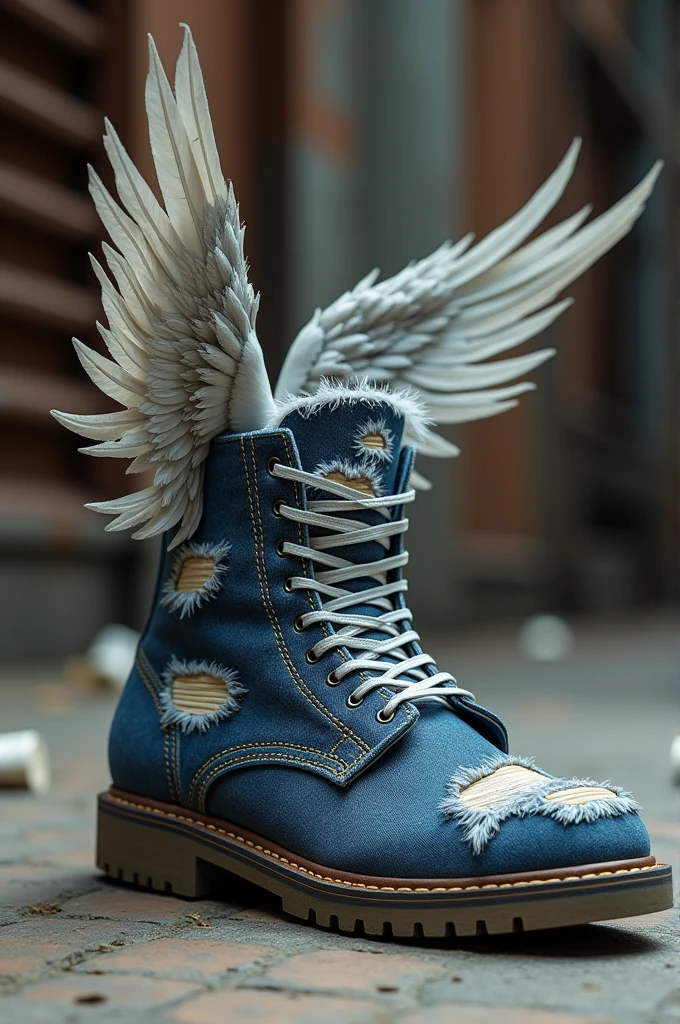 Create a real life shoe that is made of ripped jeans with wings