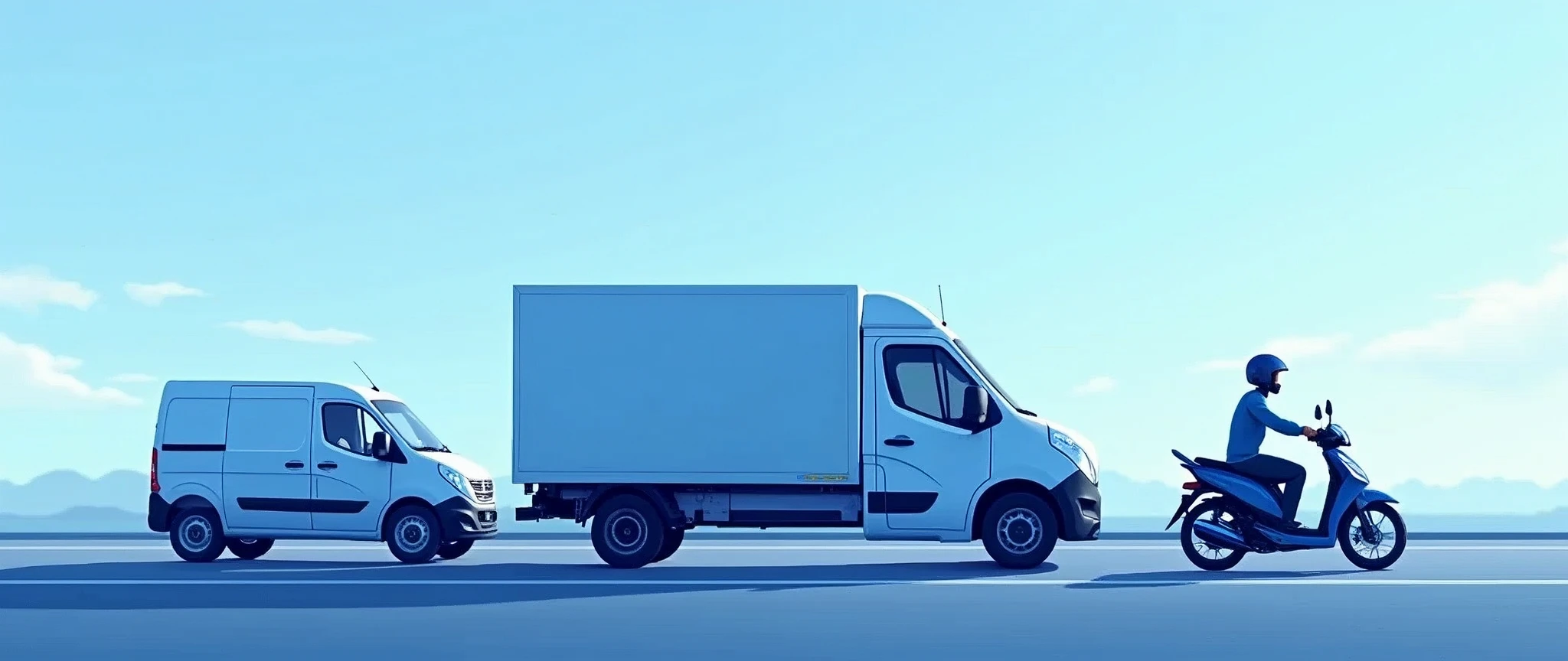 Create an illustrative image for a logistics company. The scene should show a small truck, a Fiorino and a motorcycle on a road. Use a predominant blue palette in the image to convey an atmosphere of professionalism and efficiency.. The truck must be in the center, with the Fiorino and the motorcycle positioned around it, all moving towards the same direction on the road. The scene should include a clear blue sky background and some subtle clouds., but keep your focus on the road and the vehicles.