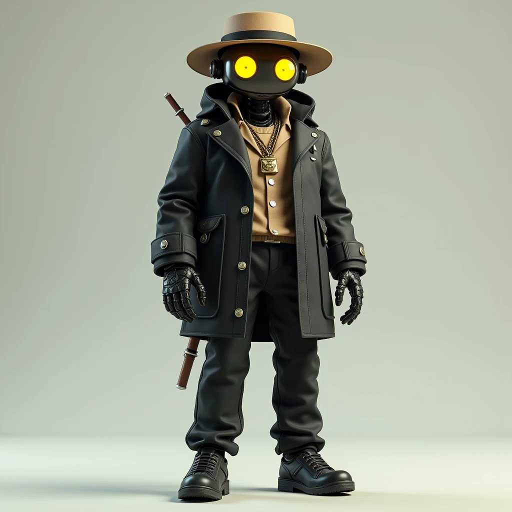 a robot with a humanized body wearing a fedora hat, old black jacket, old dark pants, old black shoes, looking like the 80s to 90s, and with a golden necklace, yellow  eyes, standing pose