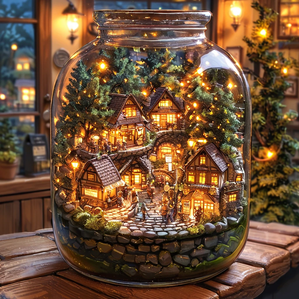 「In a glass bottle、Cobblestone path and trees々Miniature landscape with a small wooden house and a yellow minibus surrounded by trees。On the outside of the jar、People in a cafe-like place々sits idly in the background。Overall warm、Soft lighting is used、There is a fantastic atmosphere in the air。」