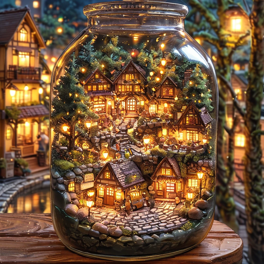 「In a glass bottle、Cobblestone path and trees々Miniature landscape with a small wooden house and a yellow minibus surrounded by trees。On the outside of the jar、People in a cafe-like place々sits idly in the background。Overall warm、Soft lighting is used、There is a fantastic atmosphere in the air。」