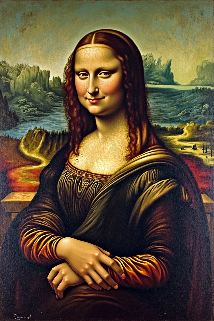 Mona Lisa muscular Rambo style biceps with a sarcastic smile 