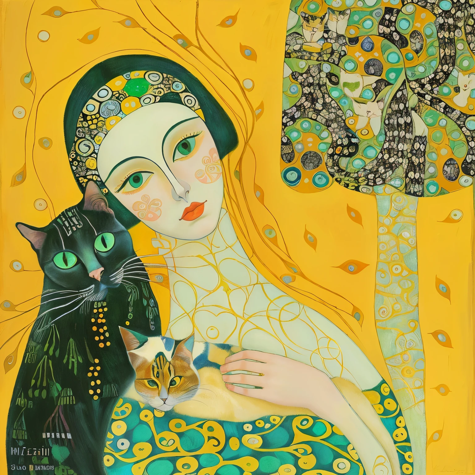 painting of a woman with a cat in her arms, woman and cat, whimsical art, inspired by Diane Dillon, klimt and nixeu, catherine nolin, by Zofia Stryjenska, inspired by Will Barnet, inspired by Kahlo, inspired by Margaret Keane, inspired by Leo and Diane Dillon, by Zsuzsa Máthé