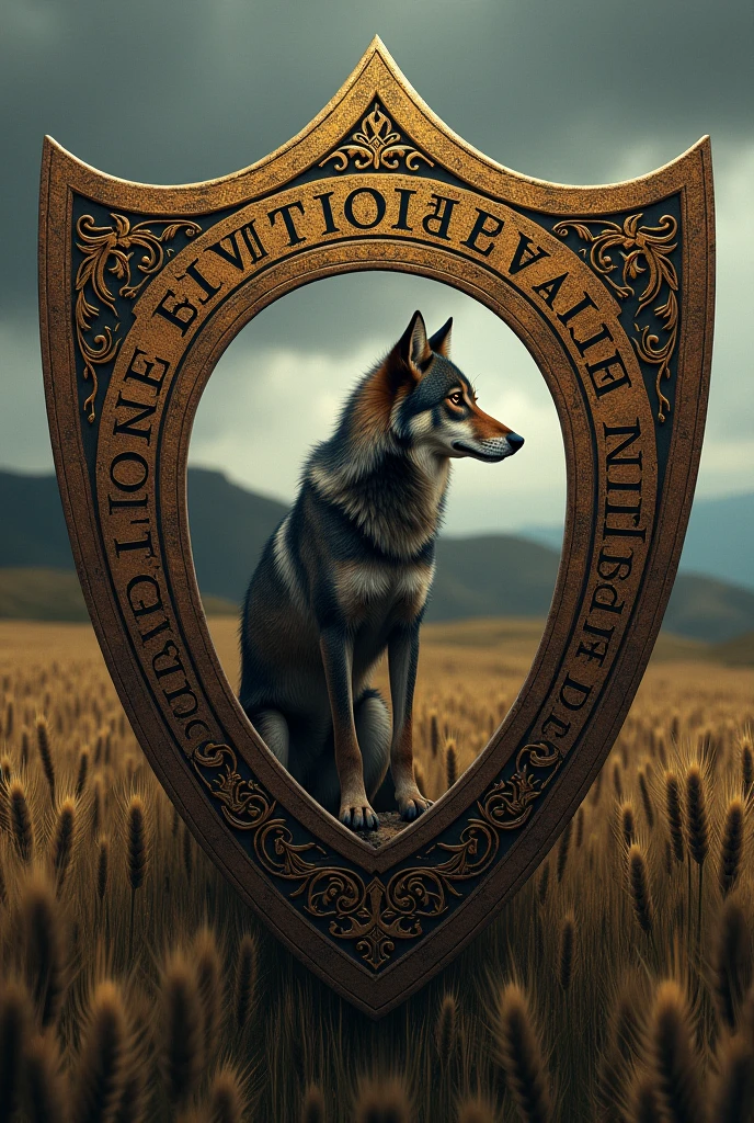 Ancient coat of arms in the shape of a shield written LOBA SOLITARIA STUDIO ARTE with a wolf listening in the rye