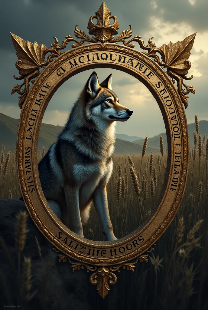 Ancient coat of arms in the shape of a shield written LOBA SOLITARIA STUDIO ARTE with a wolf listening in the rye