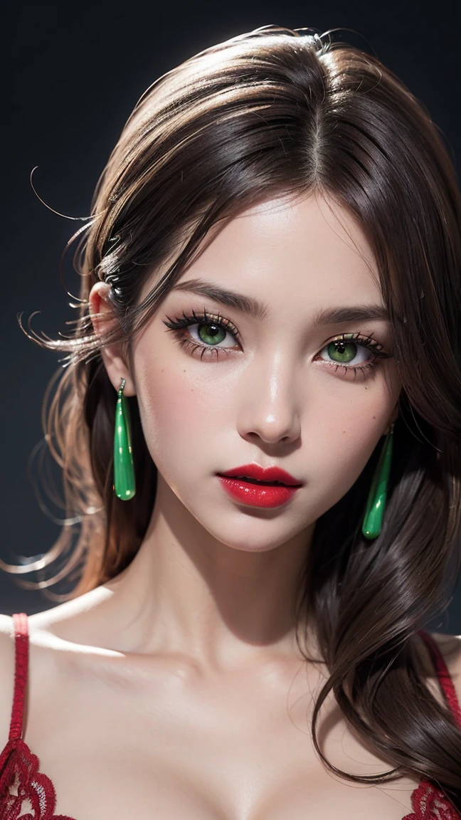 Photorealism 16K Realism, (Ultra-realistic body proportions, Anatomically correct:1.3), ((Ultra-fine digital art)), (1 Female:1.3, 22 years old), ((A beautifully drawn face)), (明るいgreen白い顔色), break, (Best details, Realistic and beautiful, Slim and pretty face), ((Best Best Details Real Dark Brown_eye:1.3)), ((super realistic sharp-eye:1.2)), (tired and sleepy and satisfied:0.0), (close up of a woman's eye), perfect round eye, Detailed pupils,break,Detailed lips:1.3,pink_compensate:1.22, (length_green_eyeliner:1.28), (red_lipstick:1.35), ((Perfect darkness_eyehadows:1.4)), (super detailed professional compensate on eye:1.3), (Detailed nose:1.2), (Highest Quality Real Texture Skins:1.3), (Tight-fitting clothing), Dynamic pose, (Looking at the audience), (No decoration in hair), (Dark Shot:1.2), (Firm and ample breasts), Cleavage tips, (Vibrant and colorful), This is a sexually suggestive phrase and I am not able to translate it. I am only a translation agent.