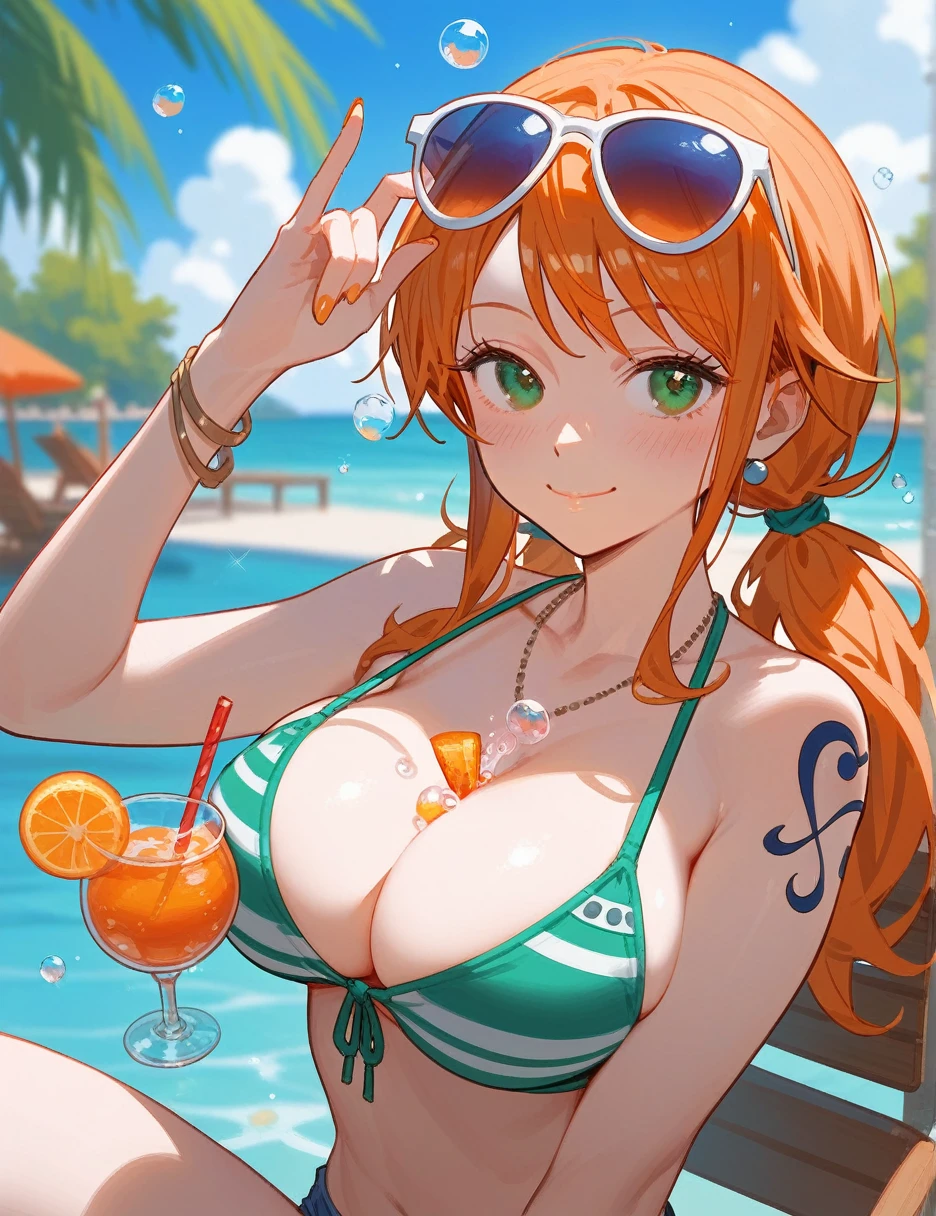 score_9_up,score_8_up, nami,1girl, solo, green eyes, orange hair, twin low tails, ((blush)), closed mouth, smile, big breast, pose, (thin girl:1.2), (bubbles), ((entertainment park)), sunglasses, (glass with a straw)