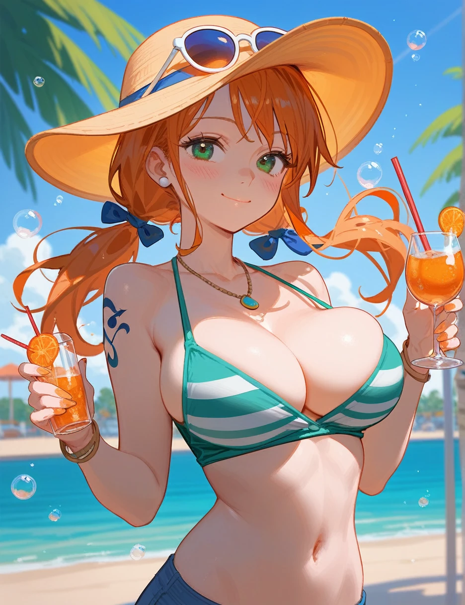 score_9_up,score_8_up, nami,1girl, solo, green eyes, orange hair, twin low tails, ((blush)), closed mouth, smile, big breast, pose, (thin girl:1.2), (bubbles), ((entertainment park)), sunglasses, (glass with a straw)