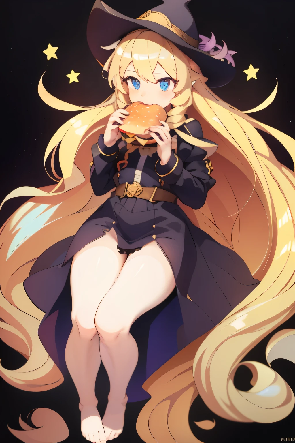 minigirl, held in hand, shruken girl, elaina_\(majo_no_tabitabi\), tiny, shrunken down, anime, blonde long hair, blue eyes, eating burger, hamburger, two-handed burger, cute magicalgirl dress, crotch visible, no panties, giant black and purple witch hat, , no socks, bare feet
