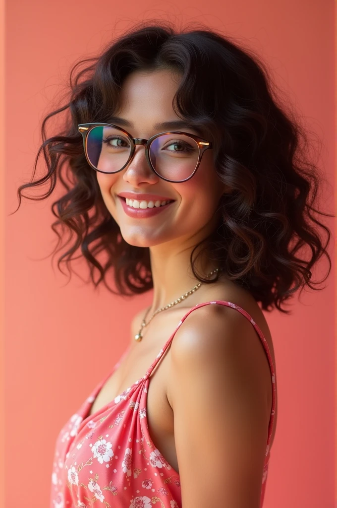 22 year old female with dark brown curly hair thick eyebrows with glasses wearing a pink or strawberry dress.
lively
