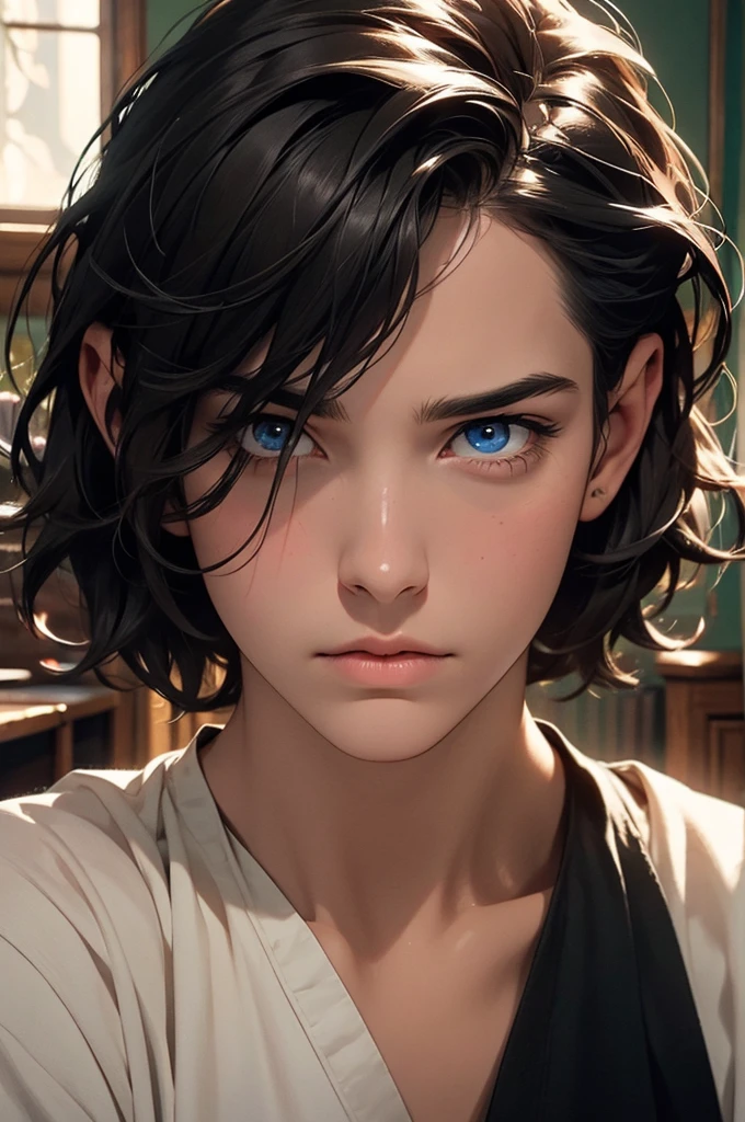 beautiful man with short black hair, wearing a schoolboy outfit, holding a wand, has a wizard-like appearance with an animal tattoo, has blue eyes and a grumpy look, in a medieval-style classroom, at a magic school, beautiful eyes, delicate features, soft colors, serene atmosphere, high quality, detailed, photorealistic, photo-realistic:1. 37, 4k, ultra-detailed, extremely detailed, hyperrealistic, highly detailed, masterpiece:1.2, vibrant colors, natural lighting, cinematic, dramatic, fantastic, magical, surreal.