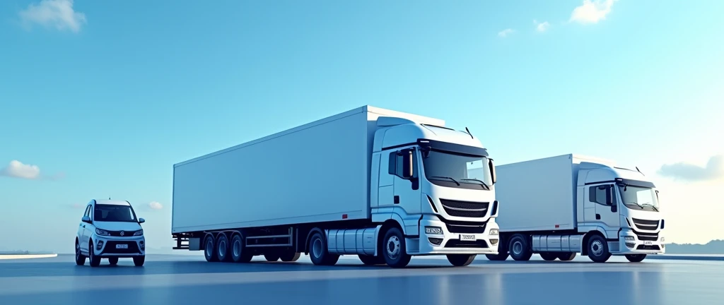 Create an image for a logistics company. The scene should show a small truck, a Fiorino and a motorcycle on a road. Use a predominant blue palette in the image to convey an atmosphere of professionalism and efficiency.. The truck must be in the center, with the Fiorino and the motorcycle positioned around it, all moving towards the same direction on the road. The scene should include a clear blue sky background and some subtle clouds., but keep your focus on the road and the vehicles.