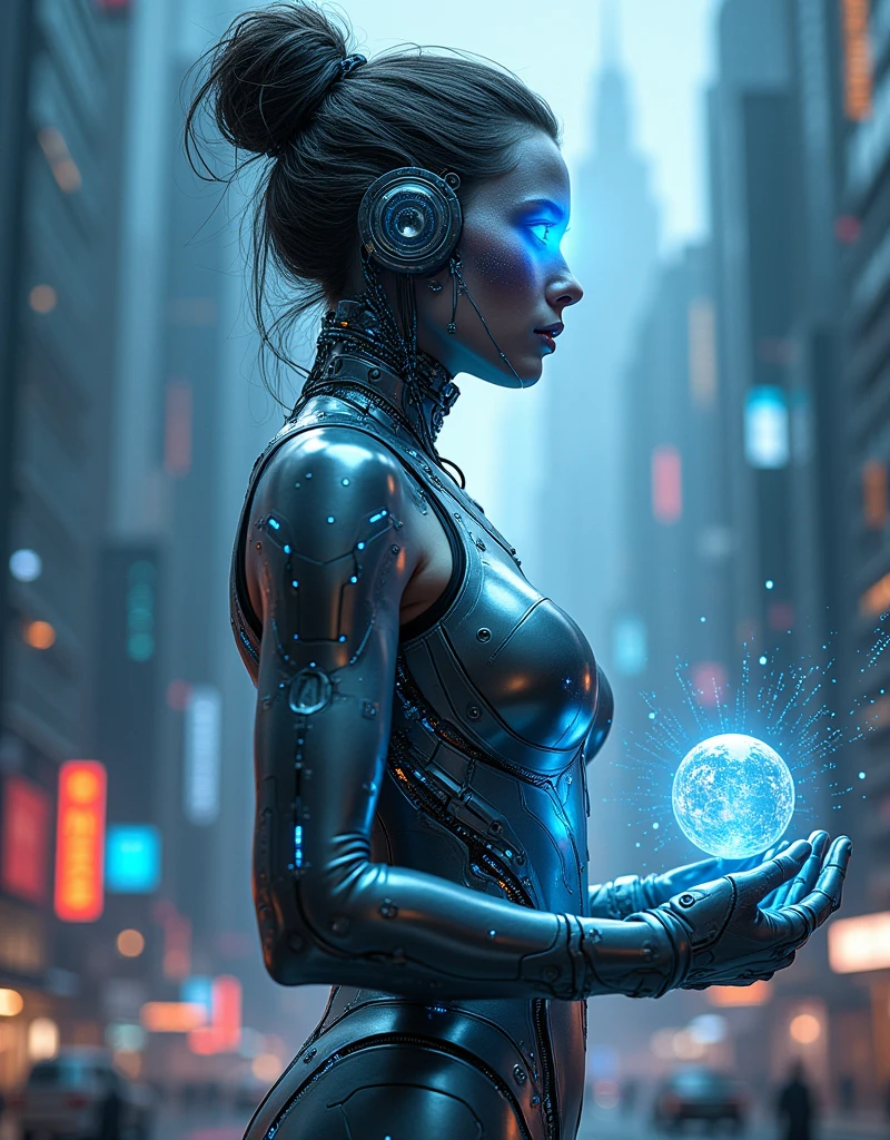 (Goddess of Technology:1.4), (masterpiece:1.4, best quality), (photo realistic:1.4), futuristic and sleek appearance, with an aura of innovation and intelligence, dressed in a form-fitting outfit made of advanced materials that blend metal and synthetic fibers, (hair styled with a metallic sheen, integrated with glowing circuits and data streams:1.2), (eyes glowing with a digital interface, reflecting a vast network of information:1.2), holding a holographic interface or a floating digital orb, surrounded by floating screens, wires, and data streams, (background of a futuristic cityscape or a high-tech control room filled with holograms and advanced machinery:1.2), (cool, precise lighting highlighting her and the technological elements:1.2), (dynamic and poised stance that emphasizes her mastery over technology:1.2), rich textures, sleek and modern colors, (metallic silvers:1.2), (cool blues:1.2), (neon accents:1.2), (dynamic composition with sharp lines and a sense of digital flow:1.2), high-quality and detailed, (awe-inspiring and futuristic atmosphere:1.2), transcendent and intelligent, perfect image quality, symbolizing the cutting edge of innovation, digital mastery, and the power of technology, captivating and advanced presence