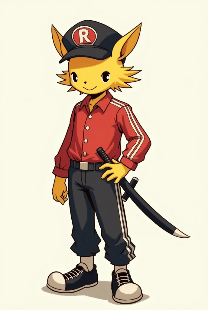 Create a male earless character with no ears with a smile and no hair and yellow with a black cap with an R on the front of the cap with a red blouse with white round stripes on the right arm and black pants with white round stripes on the left leg with a sword at the waist Pencil and eraser drawing style without muscles with black shoes with a white tip and laces