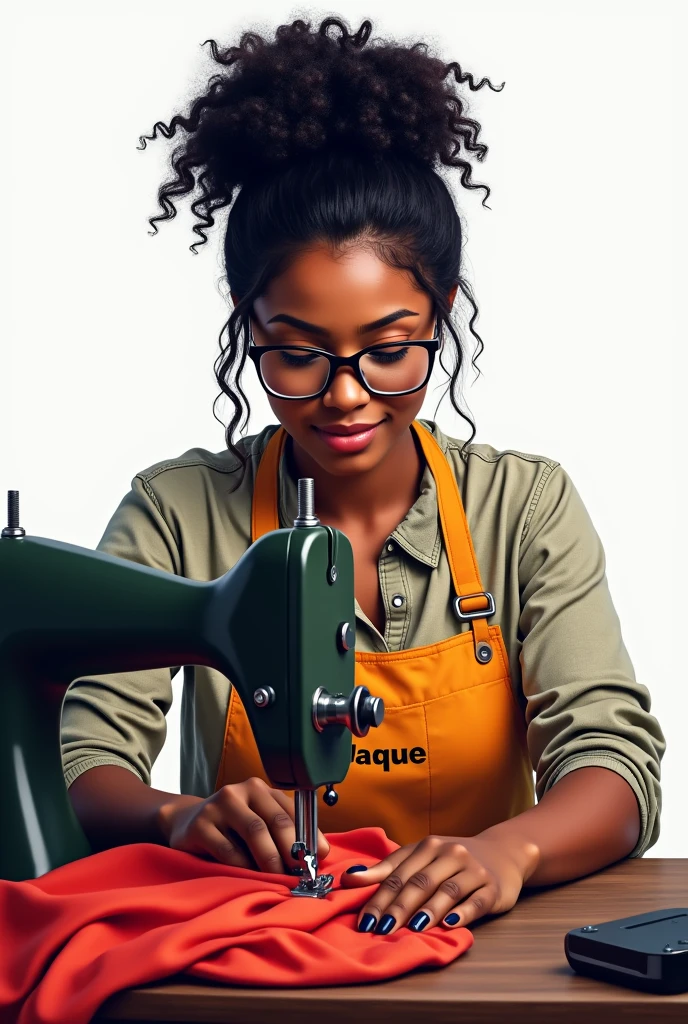 Drawing of a black Brazilian woman with curly black hair tied up to the side With glasses Sewing on the sewing machine White background Apron with name Jaque Image with color
