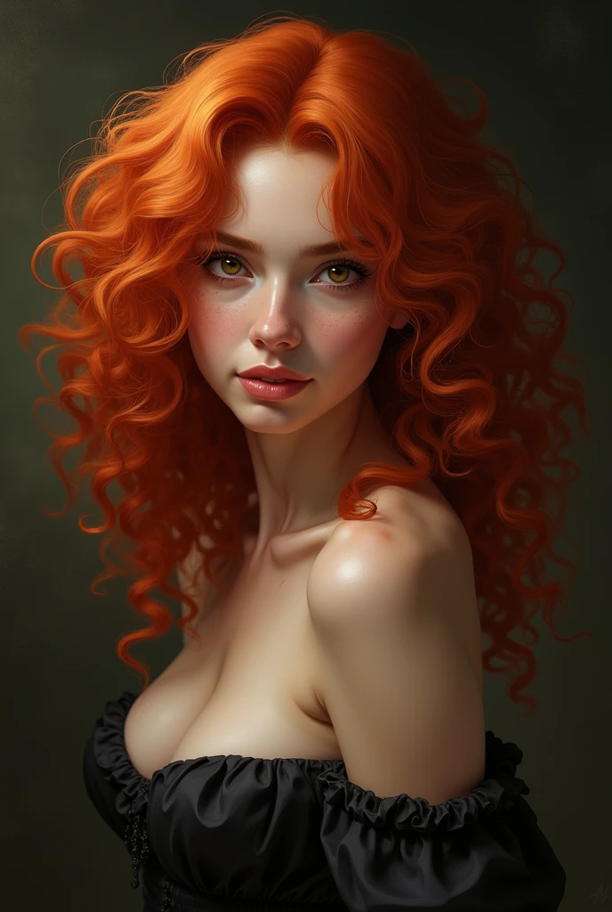 A woman of approximately 2. Her hair is red and wavy. has outlined curves. Your eyes are emerald green.