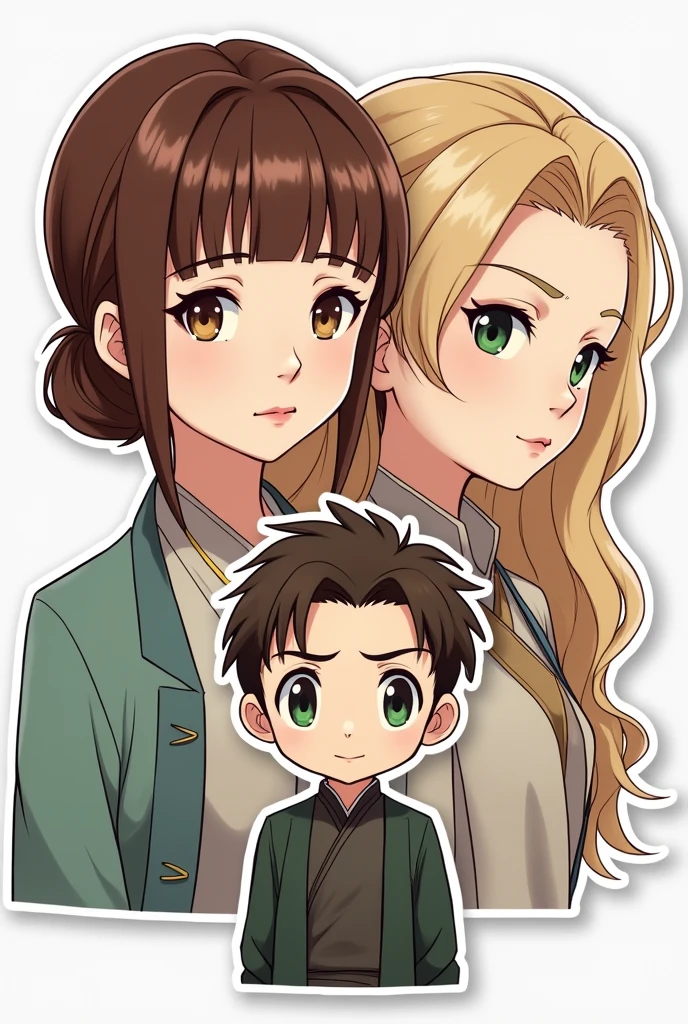 A white man, Cao Cao, short brown hair, very short and thin, barba, greeneyes, next to a white woman de greeneyes com o cabelo castanho-acobreado, straight and without bangs parted in the middle, next to a white woman, greeneyes, curly and blonde hair, illustration style, sticker