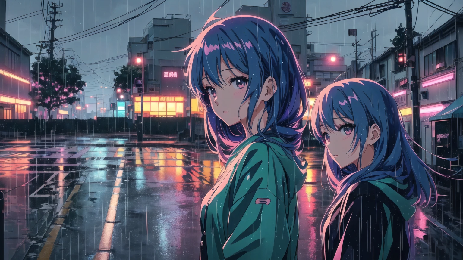anime girl standing in the rain with a car in the background, anime styling 4 k, anime styling. 8k, lofi girl, anime vibes, Anime digital illustration, anime wallpaper 4k, 4k anime art wallpaper, 4K anime art wallpaper, lofi art style, anime wallpaper 4k, anime wallpaper 4k, lofi portoRait