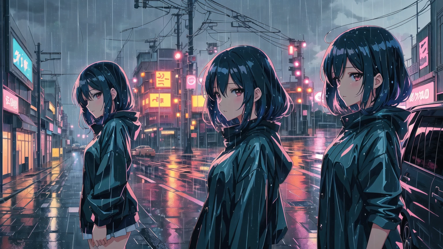 anime girl standing in the rain with a car in the background, anime styling 4 k, anime styling. 8k, lofi girl, anime vibes, Anime digital illustration, anime wallpaper 4k, 4k anime art wallpaper, 4K anime art wallpaper, lofi art style, anime wallpaper 4k, anime wallpaper 4k, lofi portoRait