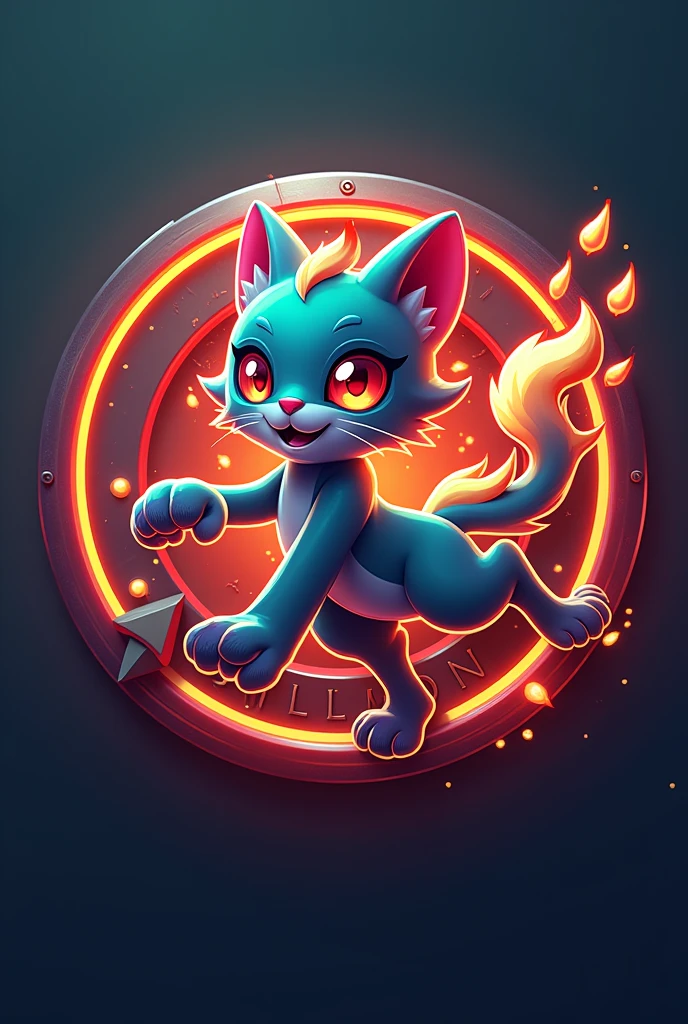 Design a circular logo for 'SOLMON - Solana Monsters,' focusing on a 3D stylized cat creature, 'Ignis,' embodying the fire element. The logo should capture the sleek, modern aesthetic of the SOLMON universe, with the cat character prominently featured at the center.

Main Character Focus: The cat character, Ignis, should be depicted in a dynamic, attacking pose, with flames subtly integrated into its design. Render the character in a 3D stylized manner, using a vibrant color palette inspired by the Solana theme, including shades of blue, green, and purple, with glowing red and orange accents to emphasize its fiery nature. The character should exude both power and cuteness, with smooth curves and bold details.

Typography and Details: The text 'SOLMON' should be prominently displayed within the circular design, using bold, rounded typography that feels both modern and adventurous. Integrate small, subtle details like digital sparks, flames, or glowing accents around the text to enhance the otherworldly, magical vibe. The overall design should be clean, balanced, and visually impactful, making it easily recognizable and suitable for branding purposes.