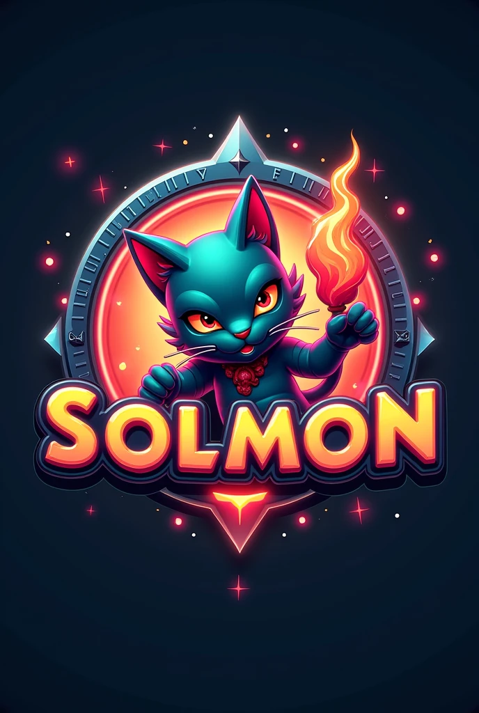 Design a circular logo for 'SOLMON - Solana Monsters,' focusing on a 3D stylized cat creature, 'Ignis,' embodying the fire element. The logo should capture the sleek, modern aesthetic of the SOLMON universe, with the cat character prominently featured at the center.

Main Character Focus: The cat character, Ignis, should be depicted in a dynamic, attacking pose, with flames subtly integrated into its design. Render the character in a 3D stylized manner, using a vibrant color palette inspired by the Solana theme, including shades of blue, green, and purple, with glowing red and orange accents to emphasize its fiery nature. The character should exude both power and cuteness, with smooth curves and bold details.

Typography and Details: The text 'SOLMON' should be prominently displayed within the circular design, using bold, rounded typography that feels both modern and adventurous. Integrate small, subtle details like digital sparks, flames, or glowing accents around the text to enhance the otherworldly, magical vibe. The overall design should be clean, balanced, and visually impactful, making it easily recognizable and suitable for branding purposes.