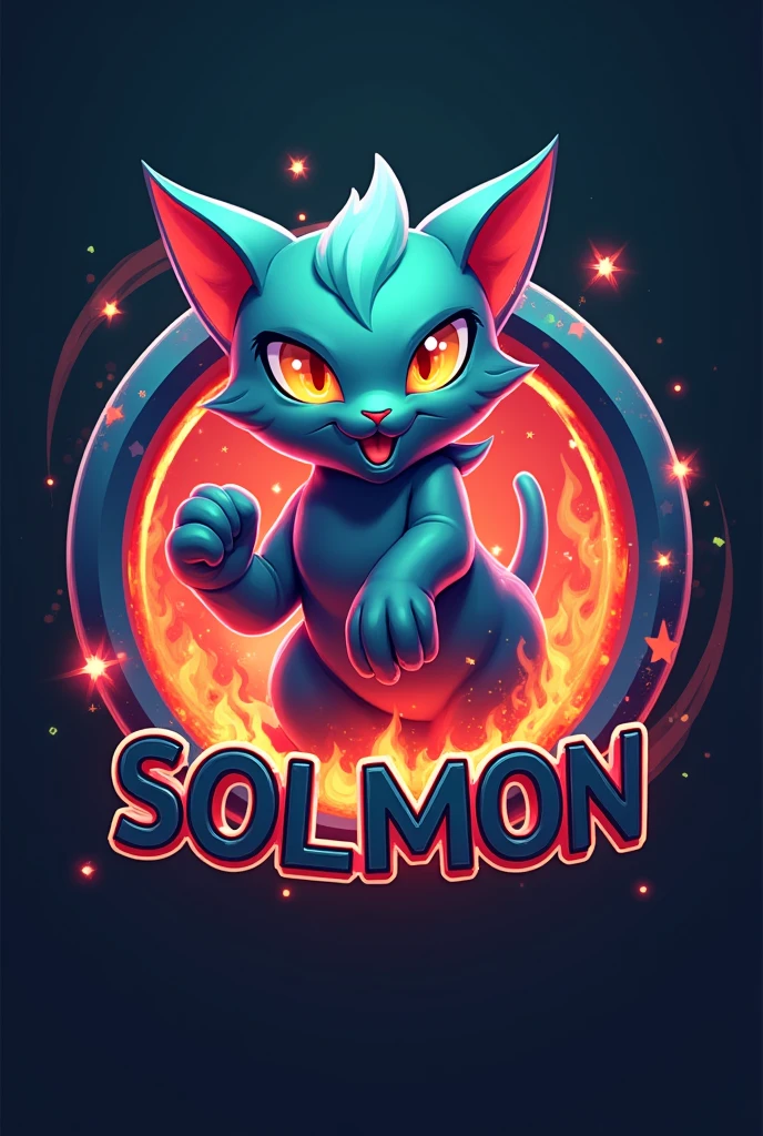 Design a circular logo for 'SOLMON - Solana Monsters,' focusing on a 3D stylized cat creature, 'Ignis,' embodying the fire element. The logo should capture the sleek, modern aesthetic of the SOLMON universe, with the cat character prominently featured at the center.

Main Character Focus: The cat character, Ignis, should be depicted in a dynamic, attacking pose, with flames subtly integrated into its design. Render the character in a 3D stylized manner, using a vibrant color palette inspired by the Solana theme, including shades of blue, green, and purple, with glowing red and orange accents to emphasize its fiery nature. The character should exude both power and cuteness, with smooth curves and bold details.

Typography and Details: The text 'SOLMON' should be prominently displayed within the circular design, using bold, rounded typography that feels both modern and adventurous. Integrate small, subtle details like digital sparks, flames, or glowing accents around the text to enhance the otherworldly, magical vibe. The overall design should be clean, balanced, and visually impactful, making it easily recognizable and suitable for branding purposes.