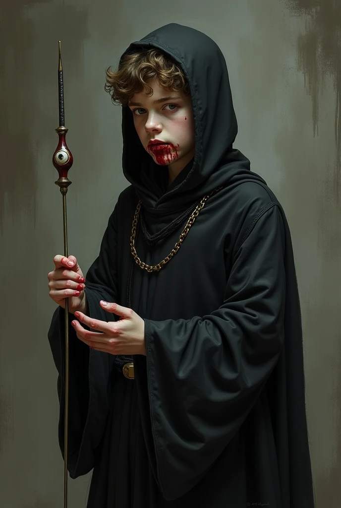 A boy in medieval black clothes, holding a needle with an eye in it, he is shy and has blood on his hands and mouth