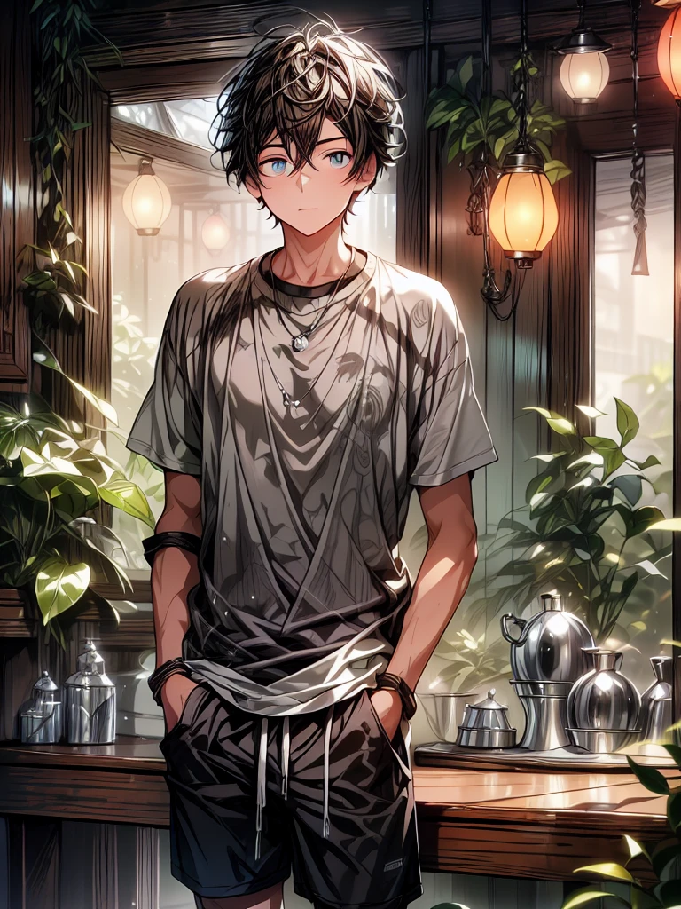 Digital illustration featuring a young man standing in a forest, The subject has few away, dark hair and fair skin, with a neutral expression on his face. He is wearing a black shirt over a white t-shirt and ((black shorts, black half pant)), with his hands casually in his pockets. The background showcases a quaint forest with trees, lush greenery, and hanging lanterns that emit a glow. The sky is a blend of soft blue, adding to the detailed and atmospheric setting. 4k, UHD, ultra high quality,