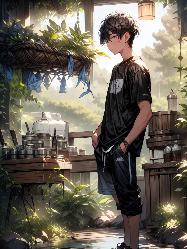 Digital illustration featuring a young man standing in a forest, The subject has few away, dark hair and fair skin, with a neutral expression on his face. He is wearing a black shirt over a white t-shirt and ((black shorts, black half pant)), with his hands casually in his pockets. The background showcases a quaint forest with trees, lush greenery, and hanging lanterns that emit a glow. The sky is a blend of soft blue, adding to the detailed and atmospheric setting. 4k, UHD, ultra high quality,