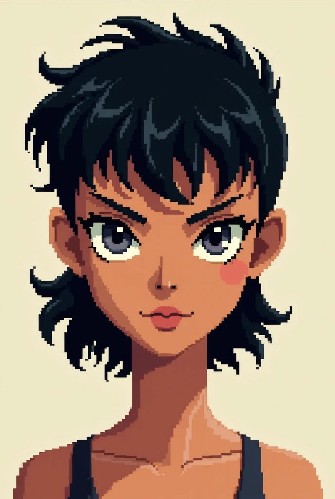 Pixel art, black short mullet cut style hair, broen rye