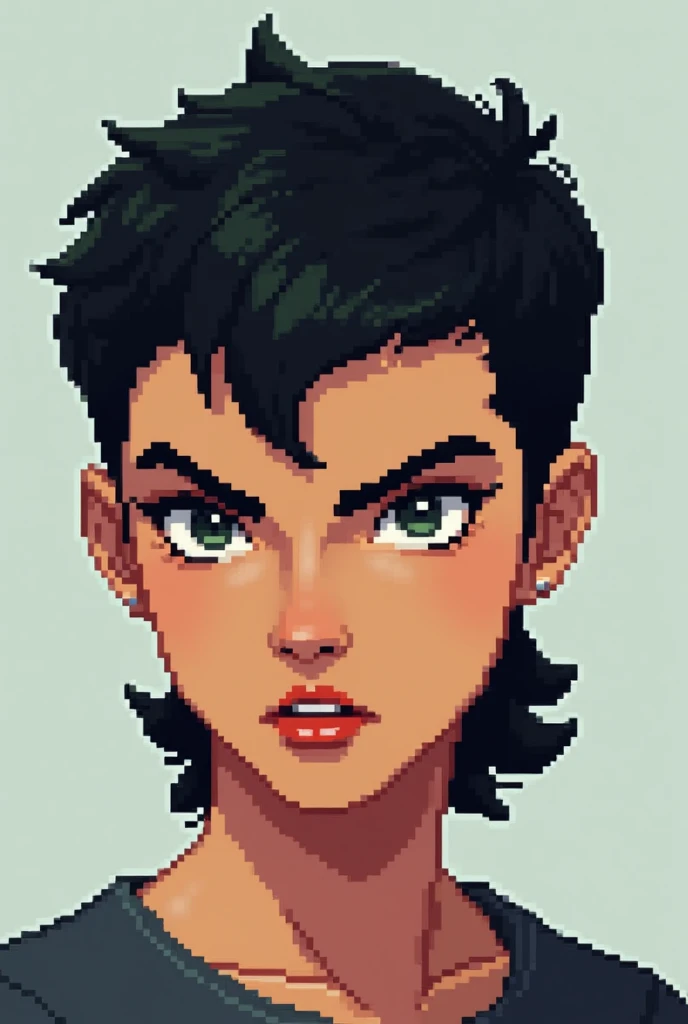 Pixel art, black short mullet cut style hair, broen rye