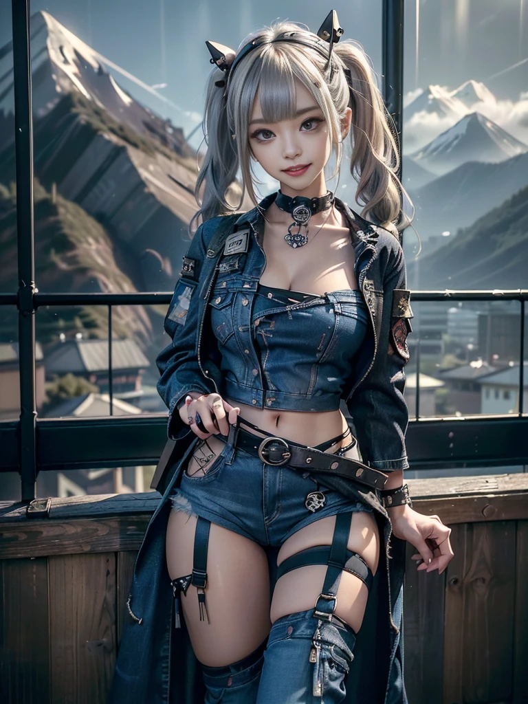 (Beautiful lips and nose:1.4)、(Long eyelashes:1.4)、(Smiling with teeth showing:1.3),(Shibuya Gal:1.5)、(Goth delicate embellished dress:1.5)、(Tattered denim and black punk rock cargo pants:1.5)、(Denim and black navy skull mark small jacket:1.4)、(denim garter belt:1.5)、(Black and denim knee socks:1.3)、(Skull Silver Accessories:1.5)、(Denim collar:1.3)、(hair band:1.3)、(Brown Skin Belt:1.4)、(Brown boots:1.2)、(The underwear is striped:1.4)、31 years old、((Highest quality、In 8K、masterpiece:1.3))、Sharp focus:1.2、(Layered Cut、Huge boobs:1.1),Beautiful woman with perfect figure:1.4、(Dancing vigorously:1.3)、Slender Abs:1.2、Highly detailed face and skin texture、Detailed eyes、double eyelid,(Twin tails:1.3)、(Cream colored hair:1.3)、Gravure idol、(The background is a vast mountain with a clear view々Beautiful luxury resort destination in Europe:1.3)、(Slim Body:1.2),(Make your legs thinner:1.4),(clavicle:1.1)