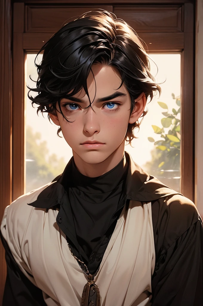 a young man with short black hair, wearing a schoolboy outfit, has a wizard-like appearance with an animal tattoo, has blue eyes and a grumpy look, in a medieval-style classroom, at a magic school, beautiful eyes, delicate features, soft colors, serene atmosphere, high quality, detailed, photorealistic, photo-realistic:1. 37, 4k, ultra-detailed, extremely detailed, hyperrealistic, highly detailed, masterpiece:1.2, vibrant colors, natural lighting, cinematic, dramatic, fantastic, magical, surreal.