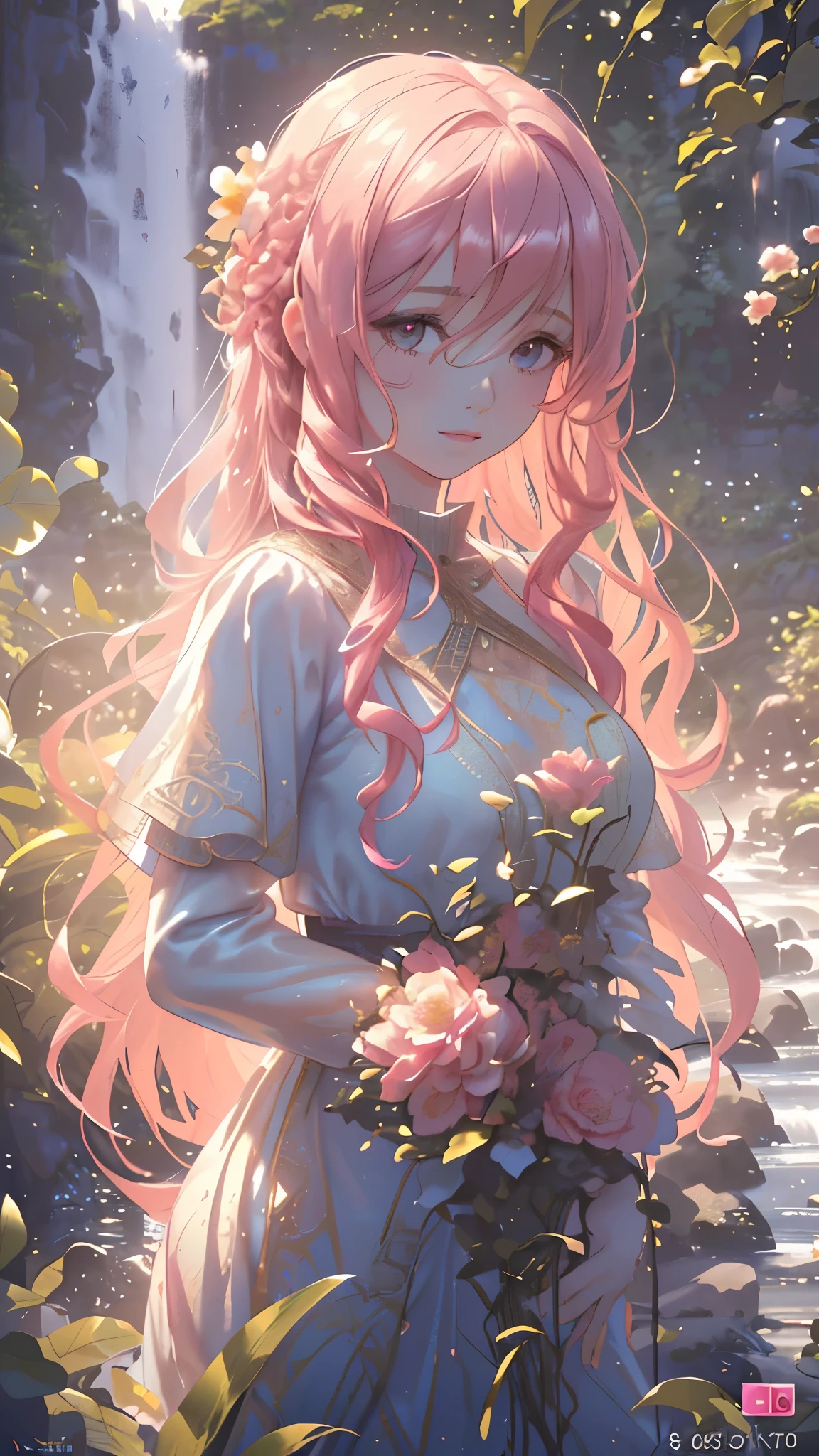a beautiful girl with long wavy hair, detailed face, wearing a pink dress, in a lush garden with flowers, butterflies, and a waterfall in the background, (best quality, 4k, 8k, highres, masterpiece:1.2), ultra-detailed, (realistic, photorealistic, photo-realistic:1.37), intricate details, portrait, fantasy, soft lighting, vibrant colors, cinematic composition