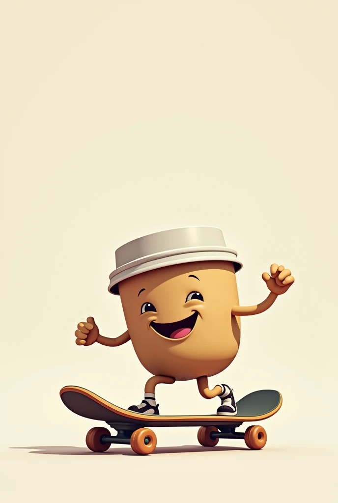 Coffee mug with a cap skating on a skateboard
