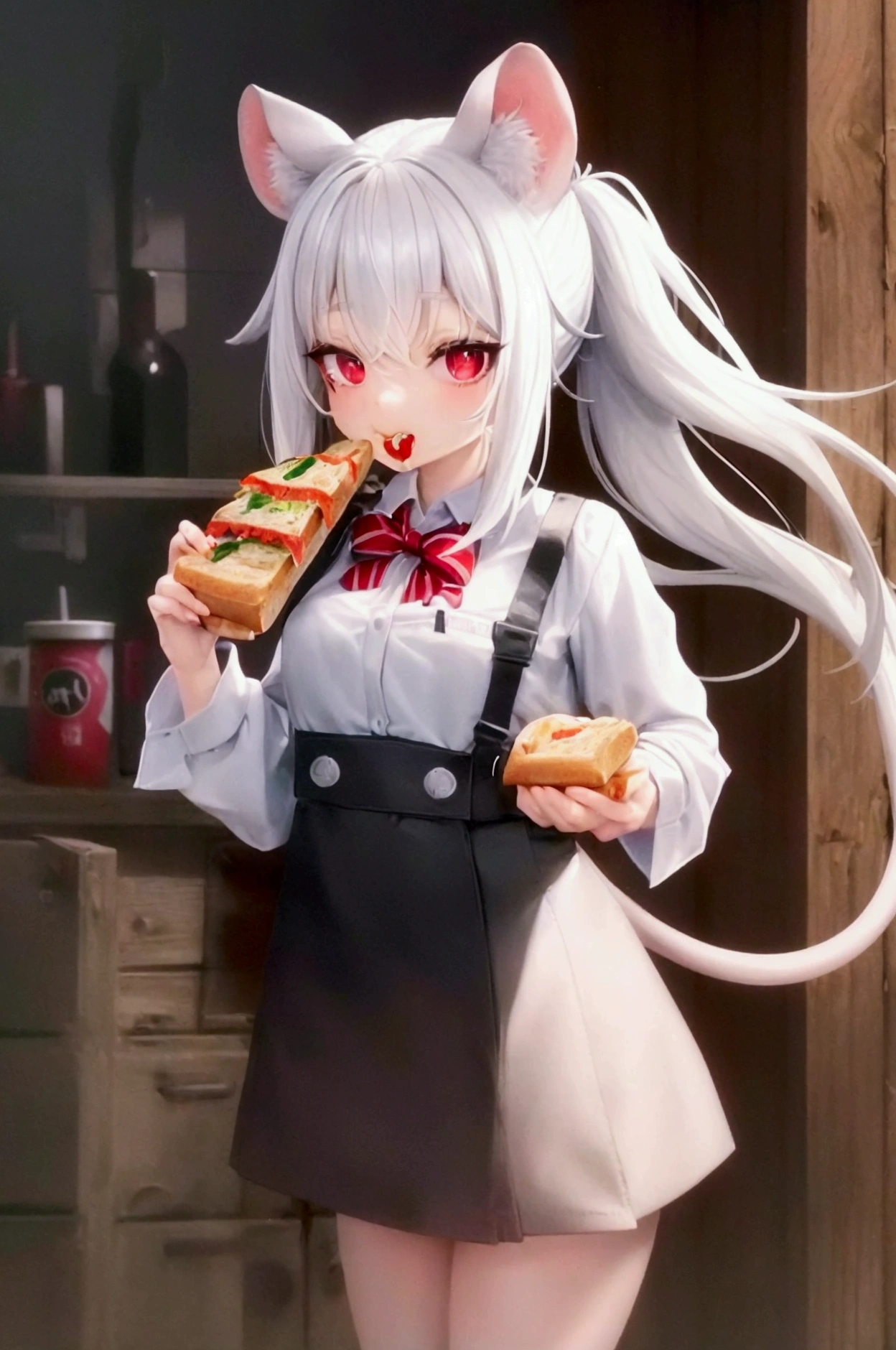 Mouse girl, white fur, Red eyes, black pupils,                  thin rat whiskers, red and blue Farm clothes, mid hair, Opening a fridge and eating a sandwich with fries, Cheese logo on clothes, rat tail, Mouse ear, Large front teeth
