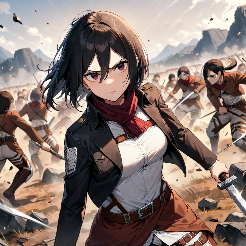 1girl, Mikasa Ackerman, Attack on Titan, protagonist, determined, brown hair in two ponytails, black jacket, belt, a sword, in a battlefield, masterpiece, best quality, very aesthetic, absurdres, ((medium quality)), ((medium quality))
