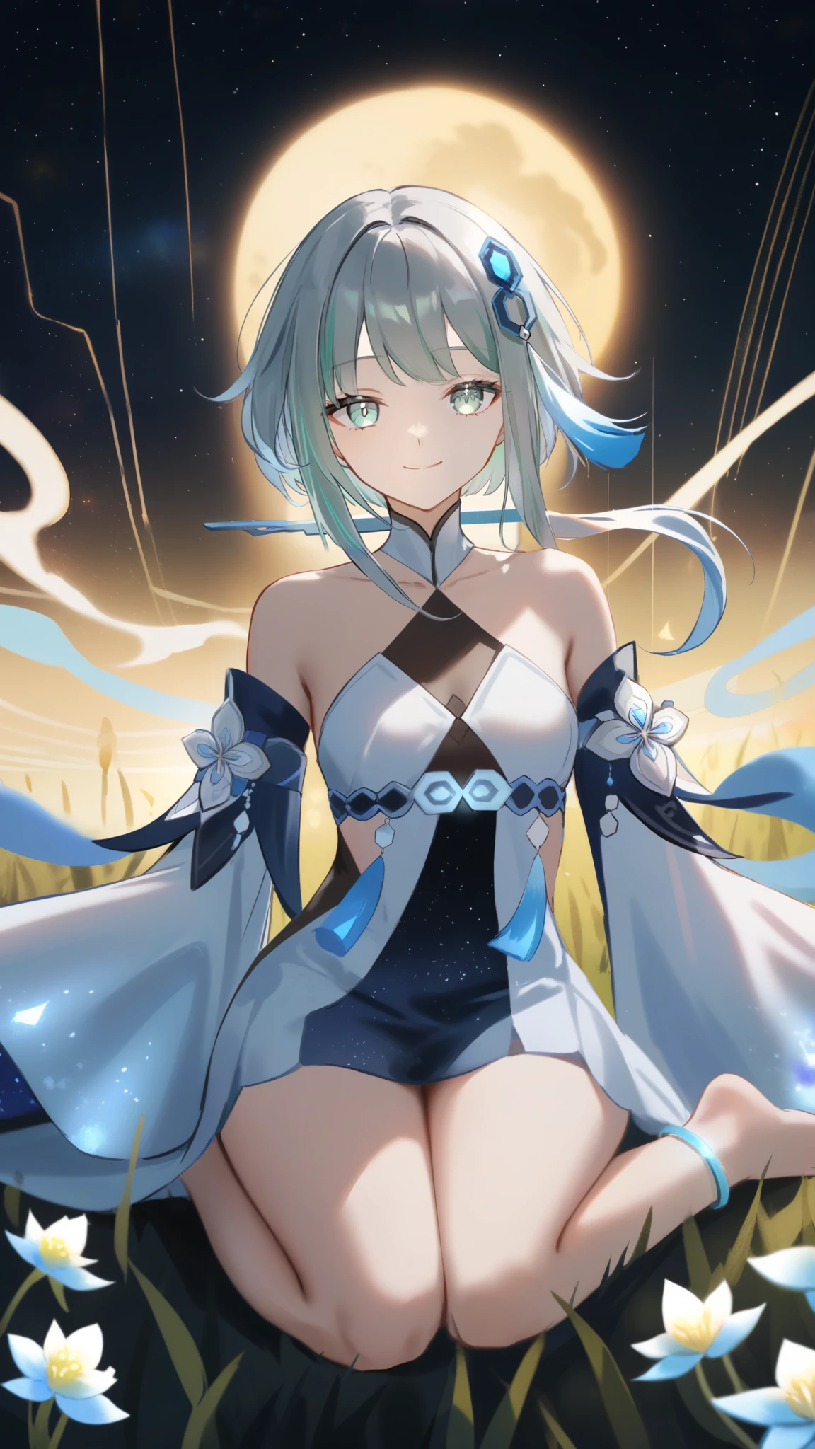 1girl, guizhong_\(genshin_impact\),light grey hair,short_hair_with_long_locks,starry_sky_print,detached_sleeves, long sleeves_past_fingers,hanfu,illustrated by matsuryuu and agahari and dsmile,pale blue eyes,stunning field of softly glowing blue and white glaze lilies,night scene,gentle smile,moonlight,glossy lips,vivid anime coloring,cel shading,smooth, soft dreamy focus,anklet,halter_top,white clothes,highly detailed,digital painting,field of flowers,bare_shoulders,wlop,barefoot,cool night tones, magical night scene,masterpiece, best quality, film, professional, 4k, highly detailed,Guardian nebula of rainbow light and silvery vapor,starry,cosmic,goddess,rich color,oil painting,silver moon