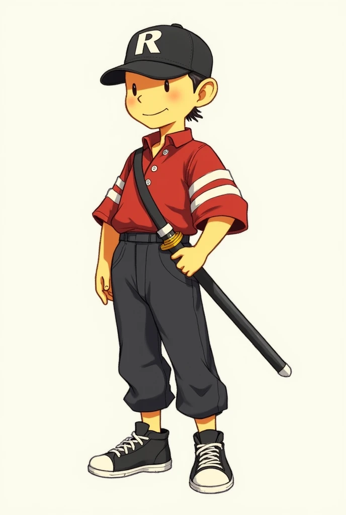 Create a male earless character with no ears with a smile and no hair and yellow with a black cap with an R on the front of the cap with a red blouse with white round stripes on the right arm and black pants with white round stripes on the left leg with a sword at the waist Pencil and eraser drawing style without muscles with black shoes with a white tip and laces