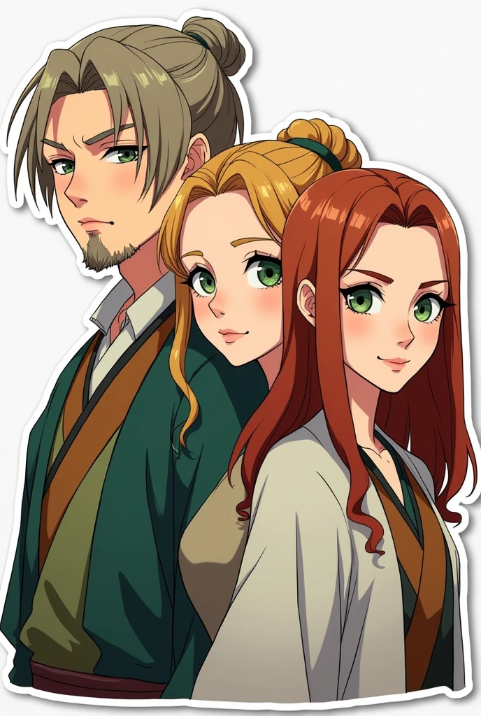 A white man, Cao Cao, short and thin hair, barba, greeneyes, next to a white woman de greeneyes com o cabelo castanho-acobreado, straight and without bangs parted in the middle, next to a white woman, greeneyes, curly and blonde hair, illustration style, sticker