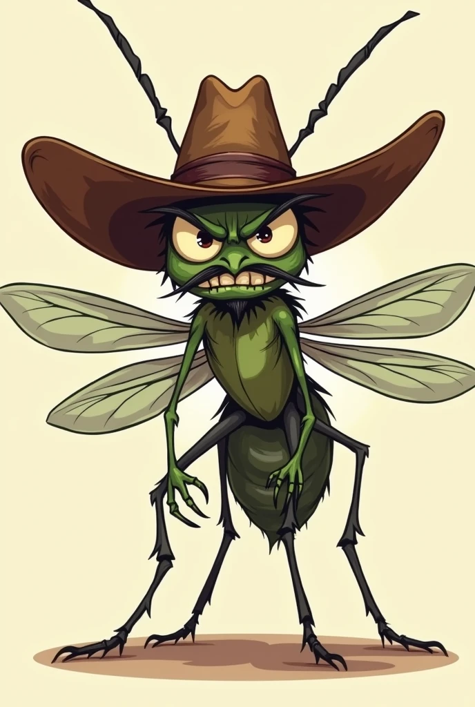 Mosquito with the face of a bad guy from the Wild West, his cowboy hat and it's a cartoon