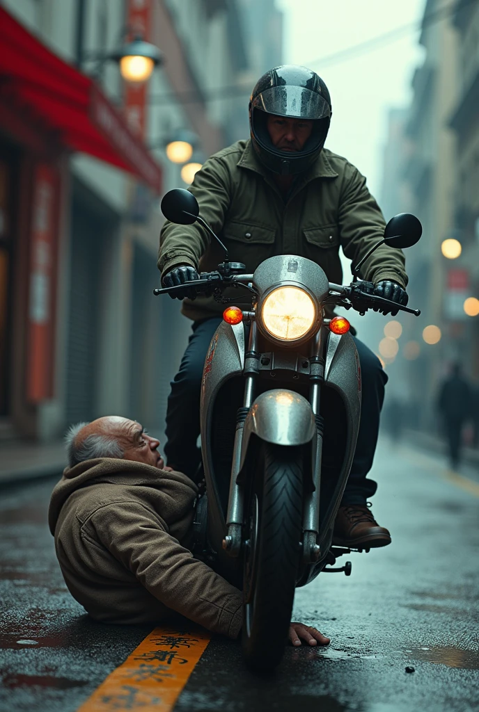 A delivery man dragging an old man he just ran over with his motorcycle as if nothing was happening
