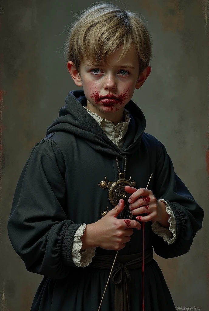 A boy in medieval black clothes, holding a needle with an eye in it, he is shy and has blood on his hands and mouth