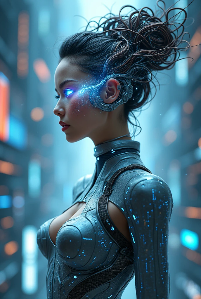 (Goddess of Technology:1.4), (masterpiece:1.4, best quality), (photo realistic:1.5), futuristic and sleek appearance, with an aura of innovation and intelligence, dressed in a form-fitting outfit made of advanced materials that blend metal and synthetic fibers, (hair styled with a metallic sheen, integrated with glowing circuits and data streams:1.2), (eyes glowing with a digital interface, reflecting a vast network of information:1.4), holding a holographic interface or a floating digital orb, surrounded by floating screens, wires, and data streams, (background of a futuristic cityscape or a high-tech control room filled with holograms and advanced machinery:1.2), (cool, precise lighting highlighting her and the technological elements:1.2), (dynamic and poised stance that emphasizes her mastery over technology:1.2), rich textures, sleek and modern colors, (metallic silvers:1.2), (cool blues:1.2), (neon accents:1.2), (dynamic composition with sharp lines and a sense of digital flow:1.2), high-quality and detailed, (awe-inspiring and futuristic atmosphere:1.2), transcendent and intelligent, perfect image quality, symbolizing the cutting edge of innovation, digital mastery, and the power of technology, captivating and advanced presence